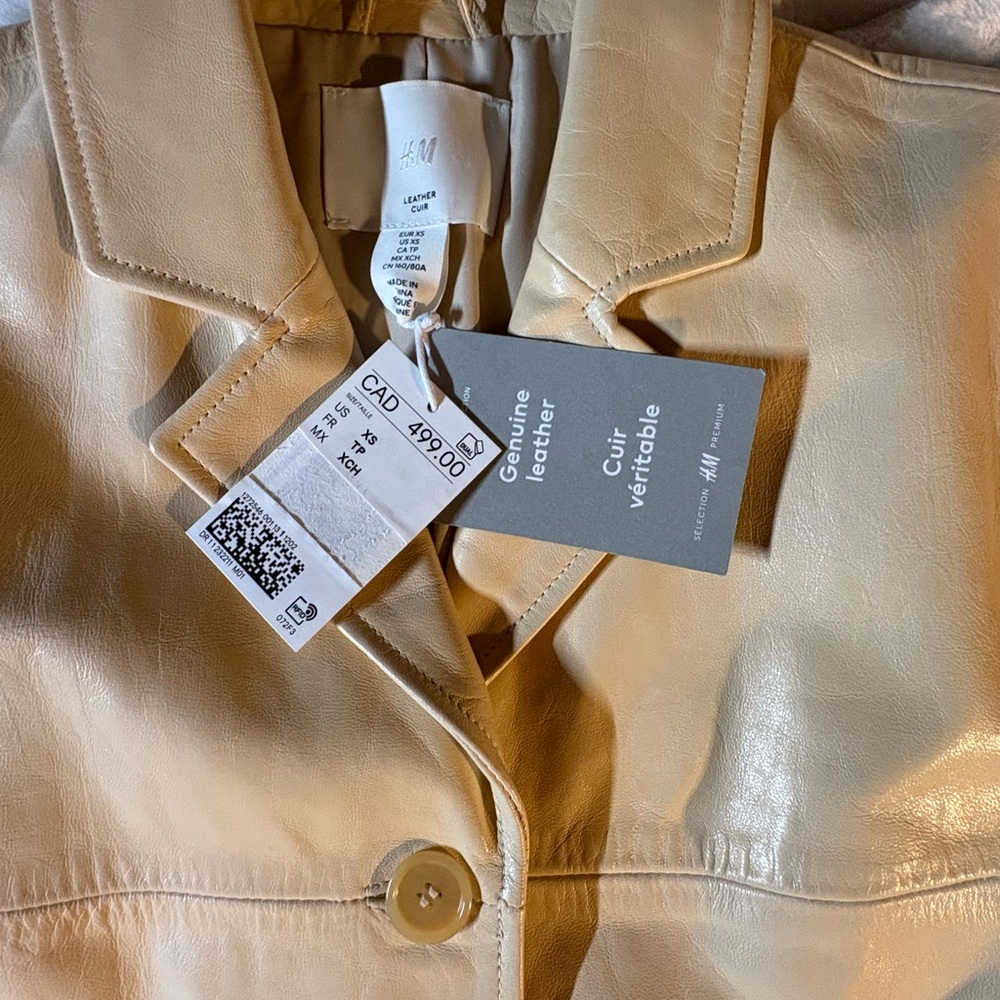 H&M NWT Loose Fit Leather Jacket/Blazer in Light Beige Sz XS - Picture 8 of 13